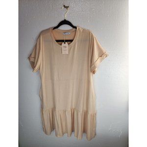 Berryou women's short sleeve pocket casual plain flexible loose ruffle , beige s